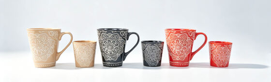 Boho Mandala Pattern Ceramic Mug Set, 2 Size Matching Ethnic Decorative Coffee & Espresso Cups