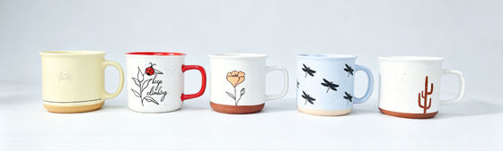 Whimsical Nature Line Art Two-Tone Speckled Ceramic Coffee Mugs, Inspirational Botanical & Wildlife Themed Short Drinking Cups