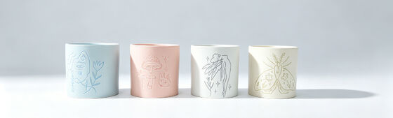 Pastel Matte Cylindrical Ceramic Candle Jars, Boho Line Art Embossed Empty Candle Containers for Home Fragrance & Decor
