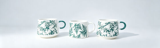 Green Botanical Leaf Print Chubby Ceramic Coffee Mugs, Contrast Handle Nature Themed Short Body Tea Cups