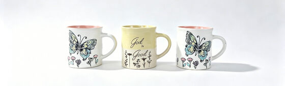 Whimsical Butterfly Floral & Inspirational Quote Ceramic Mug Set, Two-Tone Rim Positive Faith Themed Coffee Cups