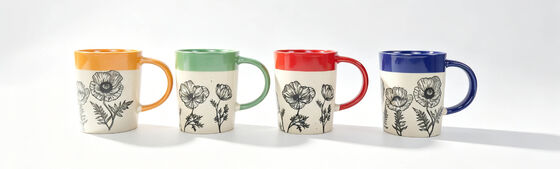 Two-Tone Color Block Speckled Ceramic Mugs, Vintage Black Line Art Wildflower Contrast Rim Coffee Cup Set