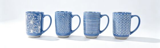 Cobalt Blue White Geometric & Floral Embossed Ceramic Mug Set, Contrast Raw Clay Base Modern Boho Coffee Cups