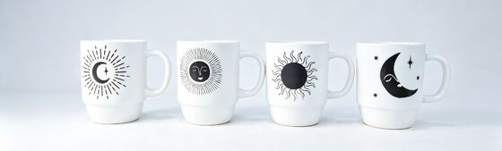Celestial Sun & Moon Face Graphic White Ceramic Mug Set, Boho Mystical Astrology Stackable Base Coffee Cups