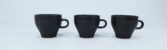 Matte Black Embossed BEANZ Cafe Ceramic Coffee Mugs, Curved Wide Body Minimalist Café Style Mug Set