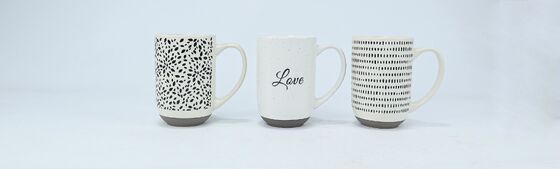 Speckled Off-White Geometric & Love Script Ceramic Mug Set, Two-Tone Grey Base Minimalist Neutral Coffee Cups