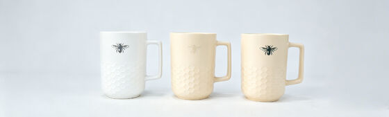 3D Embossed Honeycomb Bee Themed Ceramic Mug Set, Square Handle Neutral Cream White Rustic Farmhouse Coffee Cups