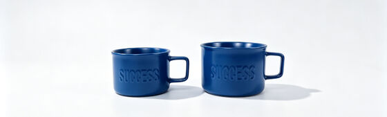 Royal Blue Embossed SUCCESS Square Handle Ceramic Mug Duo, 2 Size Short Cylinder Motivational Mug Set