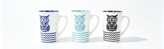 White Base Color-Matched Rim Owl Graphic Coffee Mug Set, Boho Tribal Chevron Bottom Decor Ceramic Mugs