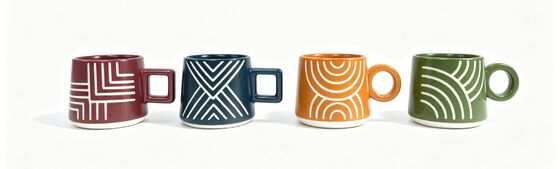 Mid-Century Geo Unique Handle Short Barrel Ceramic Mug Set