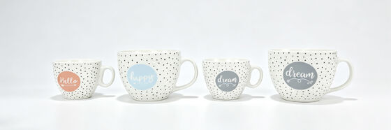 Polka Dot Inspirational Quote Ceramic Mugs, Hello Happy Dream Porcelain Coffee Cups in 2 Sizes