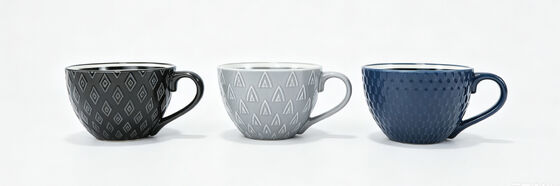 Multi-Style Geometric Emboss Porcelain Breakfast Mugs, Colorful Wide Mouth Latte Tea Cups Collection