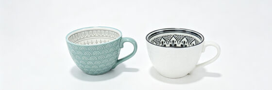 Multi-Style Geometric Emboss Porcelain Breakfast Mugs, Colorful Wide Mouth Latte Tea Cups Collection