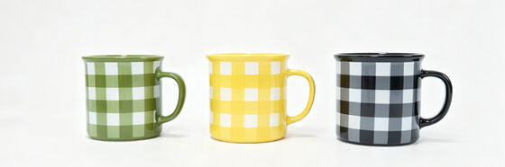 Gingham Check Retro Ceramic Coffee Mugs Set, 17oz Wide Mouth Camping Style Tea Cups