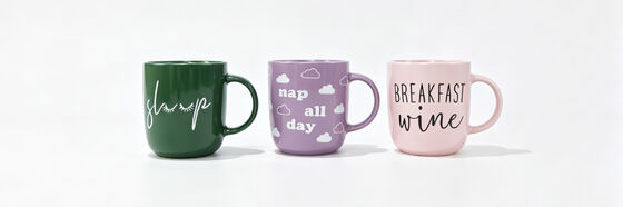 Cute Slogan Printed Wide Belly Ceramic Coffee Mugs, 3-Pack Assorted Color Fun Quote Tea Cups Set