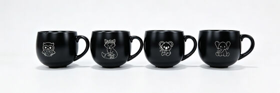 Matte Black Round Belly Ceramic Mugs with Cute White Line Animal Prints, 4-Piece Cartoon Wildlife Coffee Cup Set