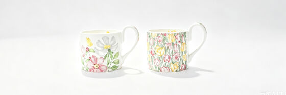 Watercolor Floral Bone China Mugs Set of 2, Wild Flower & Tulip Printed White Ceramic Coffee Cups with Curved Handle