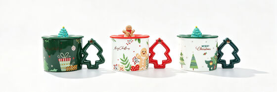 Christmas Tree Shaped Handle Ceramic Mug with Decorative Silicone Lid Topper