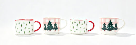 Pink Plaid Christmas Tree Ceramic Coffee Mug Set