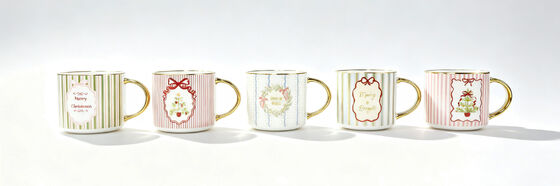 Vintage Striped Christmas Ceramic Mugs with Gold Trim, Set of 5