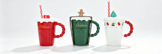 3D Cable Knit Embossed Christmas Ceramic Mugs with Snow Lid & Decorative Topper, 3-Color Holiday Set