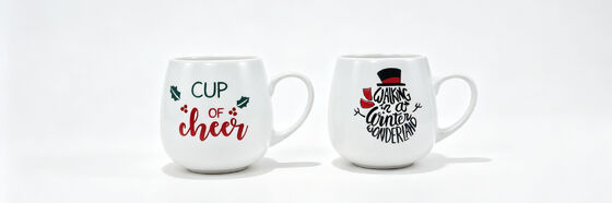 Rounded Belly White Christmas Script Ceramic Mugs, 2-Style Set