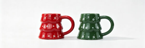3D Christmas Tree Shaped Ceramic Mugs Set of 2, Red & Green Snowflake Embossed Holiday Coffee Cups with Large Handle