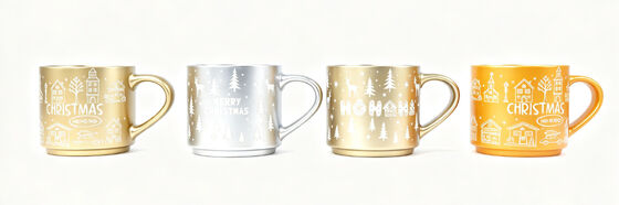 Metallic Christmas Village Ceramic Mugs Set, 4 Styles Gold Silver Orange Winter Town Print Holiday Coffee Mugs with Matching Handle