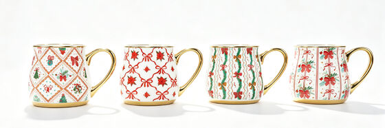 4 Pack Vintage Red Bow Christmas Bone China Mugs, Luxury Gold Rim Handle Festive Floral Pattern Holiday Coffee Cups Set