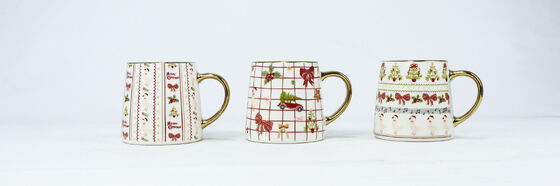 3 Pack Vintage Farm Duck Christmas Ceramic Mugs, Grid Bow Red Car Xmas Cups with Gold Rim & Gold Handle Holiday Drinkware Set