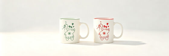 Set of 2 Christmas Couple Mugs, Red & Green Rim Cute Cartoon Girl Ceramic Coffee Mugs Holiday Joy Matching Cups Gift Set