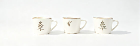 Set of 3 Woodland Christmas Mugs, Vintage Brown Rim Forest Pine Tree Deer Ceramic Coffee Mugs Rustic Farmhouse Holiday Cups