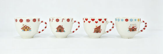Set of 4 Candy Cane Handle Gingerbread House Ceramic Mugs, Assorted Festive Holiday Gingerbread Coffee Cups for Christmas Gift
