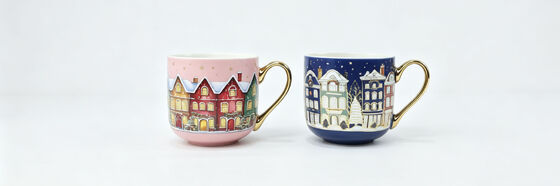 Set of 2 Christmas Village Street Scene Mugs, Pink & Navy Winter Town Ceramic Coffee Cups with Gold Handle, Luxury Xmas Gift Mugs