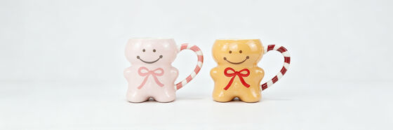 Set of 2 Cute 3D Gingerbread Man Ceramic Mugs, Pink & Yellow Christmas Couple Mugs with Striped Candy Cane Heart Handle, Holiday Gift Coffee Cups