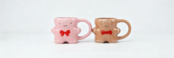 2 Pack Cute 3D Gingerbread Man Mugs, Pink & Brown Christmas Couple Coffee Cups with Red Bow, Holiday Gift Ceramic Drinkware