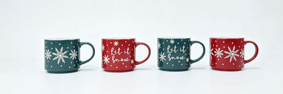 4 Pack Christmas Ceramic Mugs, Red & Dark Green Snowflake “Let It Snow” Coffee Cups Holiday Winter Tableware Gift Set