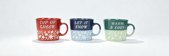 3 Pack Two-Tone Winter Ceramic Mugs, Cup of Cheer, Let It Snow, Warm & Cozy Floral Coffee Cups Christmas Gift Set