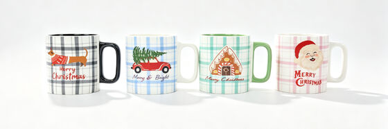 4 Pack Double-Sided Pastel Plaid Christmas Mugs, Gingerbread Santa Dachshund Red Truck Xmas Coffee Cups, Holiday Gift Set