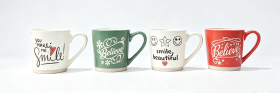 4 Pack Inspirational Positive Quote Ceramic Mugs with Heart Shaped Handles, Believe Christmas Snow Star Holiday Coffee Cups, Speckled Encouragement Gift Mugs Set