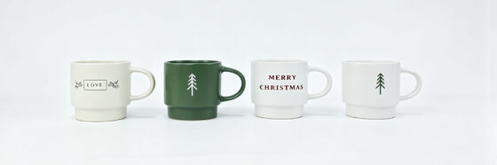 4 Pack Minimalist Stackable Christmas Pine Tree Ceramic Mugs, Neutral Farmhouse Merry Christmas Love Holiday Coffee Cups, Simple Winter Forest Drinkware Gift Set