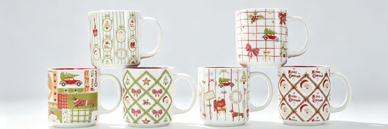 6 Pack Vintage Farmhouse Christmas Ceramic Mugs, Retro Santa Truck Dachshund Holiday Coffee Cups, Red Interior Xmas Drinkware Set
