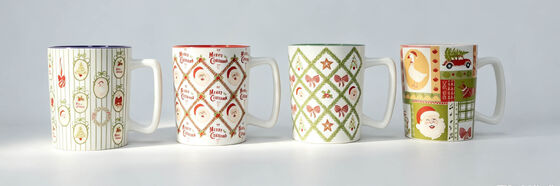 4 Pack Vintage Farmhouse Christmas Ceramic Mugs, Retro Santa Goose Dachshund Holiday Coffee Cups, Multi Rim Color Xmas Drinkware Gift Set