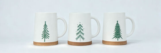 3 Pack Minimalist Christmas Tree Ceramic Mugs, Rustic Terracotta Bottom Winter Coffee Cups, Simple Green Pine Tree Holiday Drinkware Gift Set
