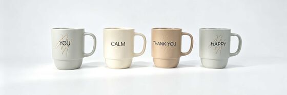 4 Pack Matte Neutral Inspirational Word Ceramic Mugs, Stackable Positive Quote Coffee Cups, Minimalist Aesthetic Thank You Calm Happy You Drinkware Gift Set