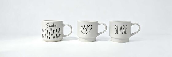 3 Pack Off White Stackable Ceramic Coffee Mugs, Simple Black Line Drawing Smile Heart Share Inspirational Quote Cups, Neutral Minimalist Gift Drinkware