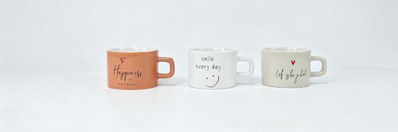 3 Pack Short Wide Glossy Coffee Mugs, Cute Positive Slogan Red Heart Smiley Face Ceramic Cups, Cute Square Handle Aesthetic Gift Mugs for Coffee Tea