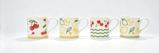 4 Pack Hand Drawn Cherry Lemon Fruit Ceramic Coffee Mugs, Cream White Summer Fruit Pattern Tea Cups, Cute Pastel Base Drinkware for Kitchen Decor & Gifts