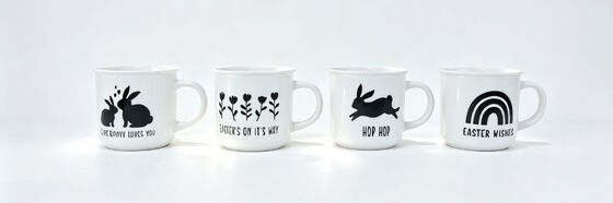 4 Pack Black Silkscreen Easter Ceramic Mugs, White Retro Camp Style Coffee Cups with Bunny Floral Rainbow Prints, Spring Easter Gift Mugs for Home Kitchen