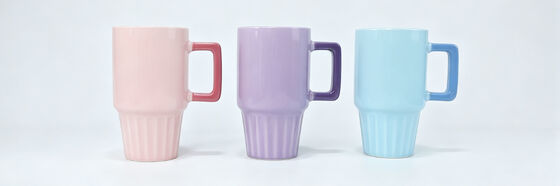3 Pack Pastel Two-Tone Square Handle Tall Coffee Mugs, Vertical Fluted Base Stackable Ceramic Tea Cups, Cute Macaron Color Drinkware for Home Office Holiday Gift